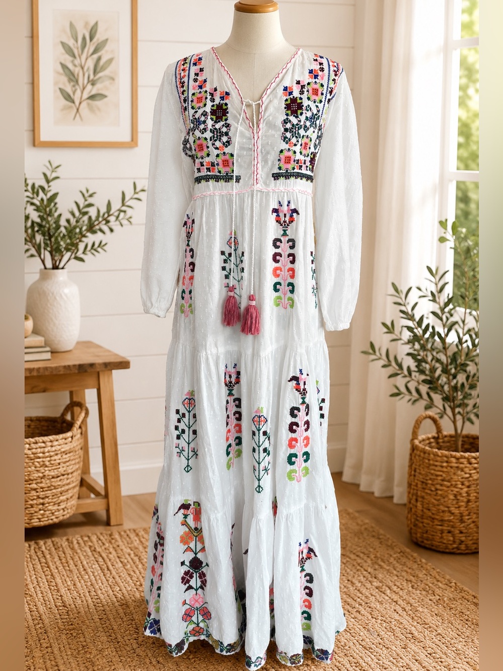 White Embroidered Maxi Dress with Pink Tassels